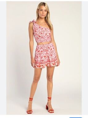 NWTs Lulus | Just Believe Pink Multi Print One-Shoulder Two-Piece Romper Small